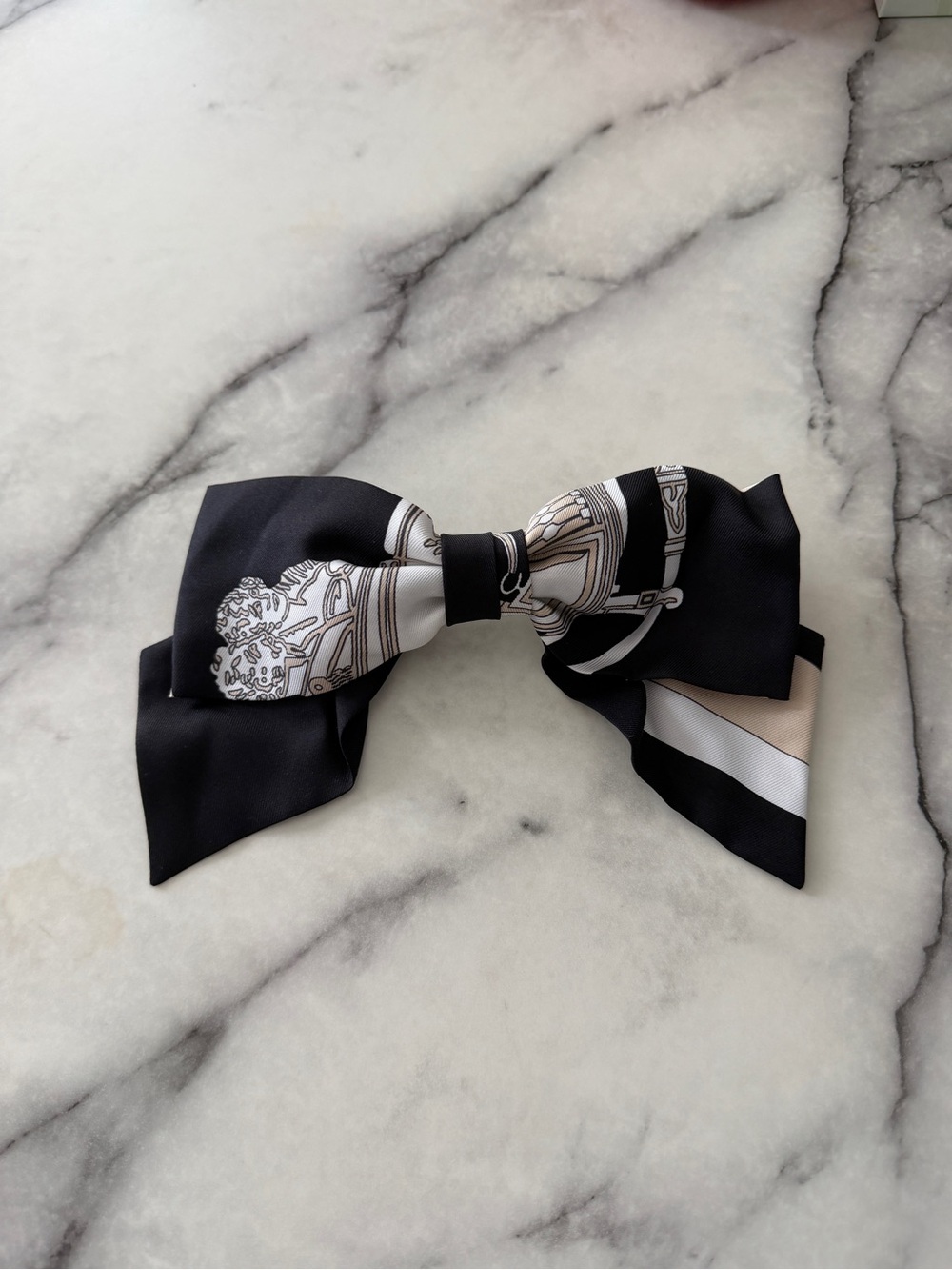 Hermes PM Bloom Black and White Silk Hair Bow